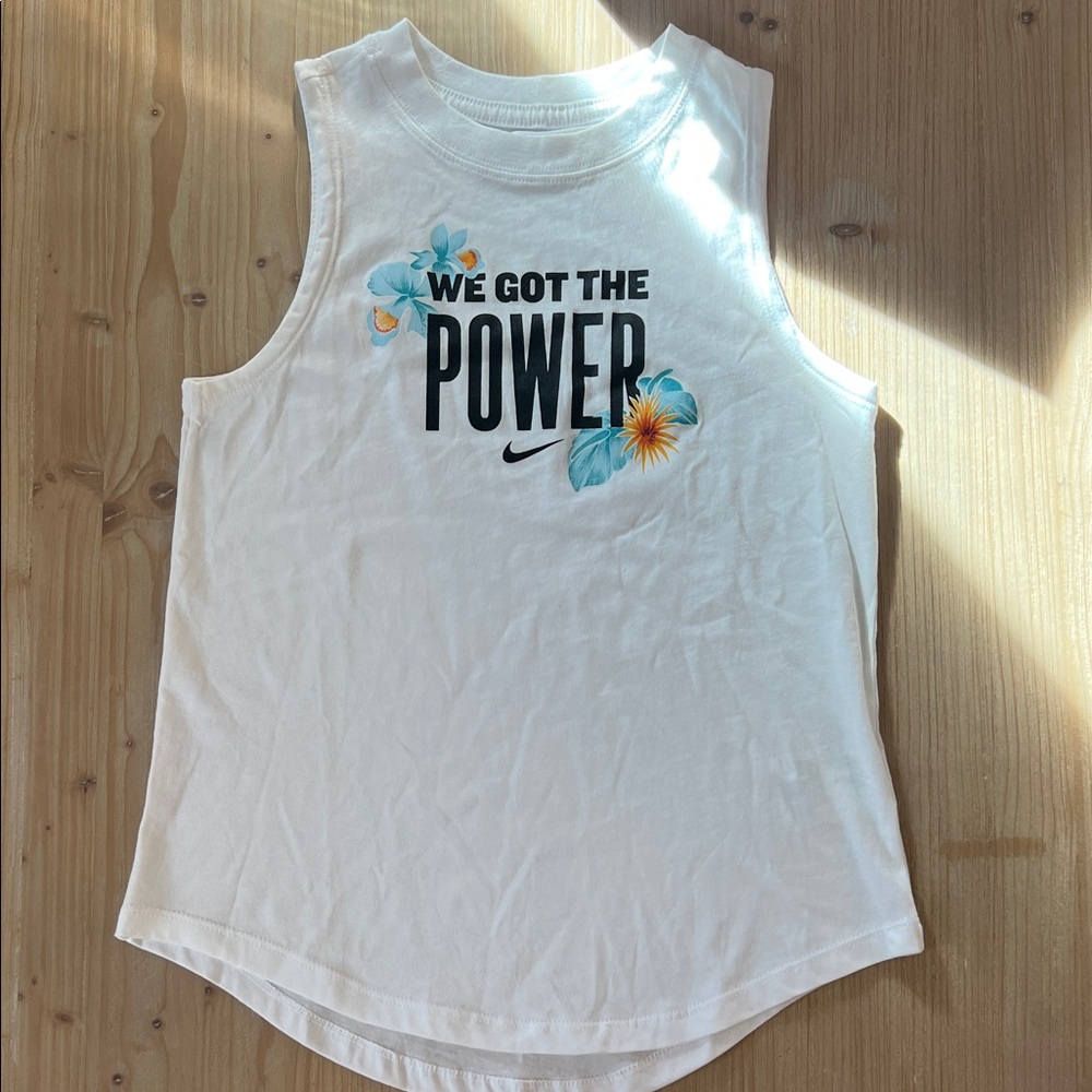 Nike Girls White Muscle Tee we got the power with Floral Print